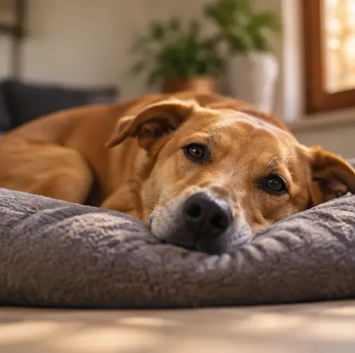 Cachorro caramelo deitado na caminha, olhando para a câmera