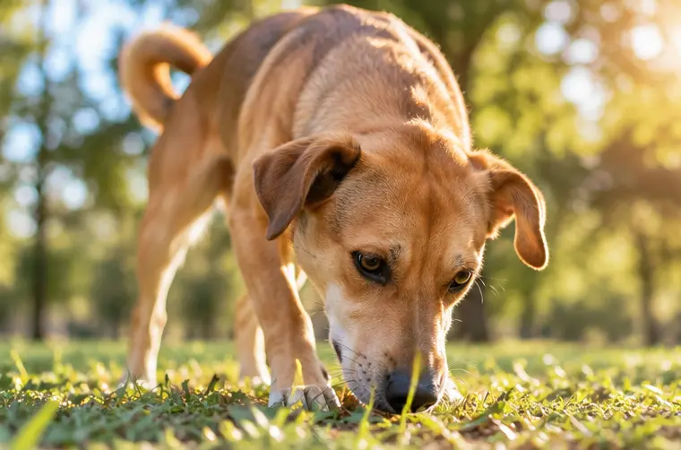 Cachorro caramelo farejando a grama: o faro é uma necessidade natural do cão