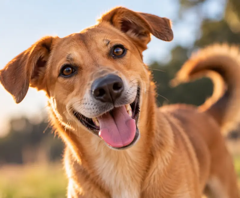 Cachorro caramelo feliz, de língua de fora, num campo ao pôr do sol
