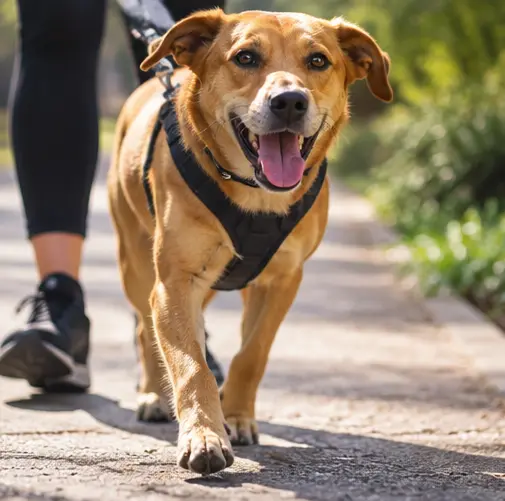 Cachorro caramelo de peitoral passeando na guia ao lado da tutora