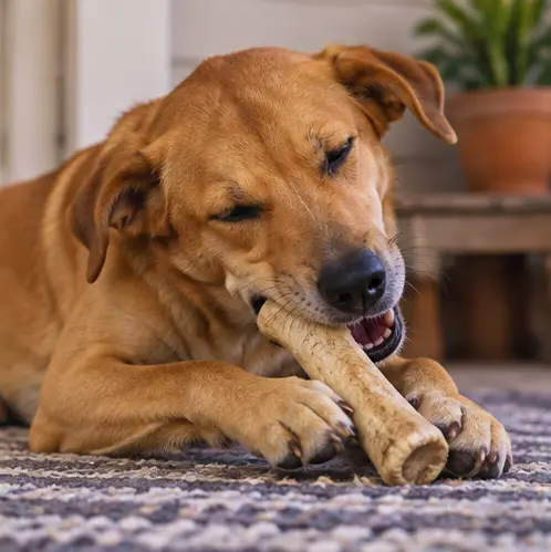 Cachorro caramelo roendo um osso no tapete: roer faz parte do comportamento canino