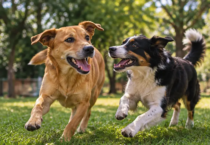 Dois cachorros correndo e brincando juntos na grama
