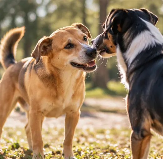Dois cães se cumprimentando no parque, comportamento social canino