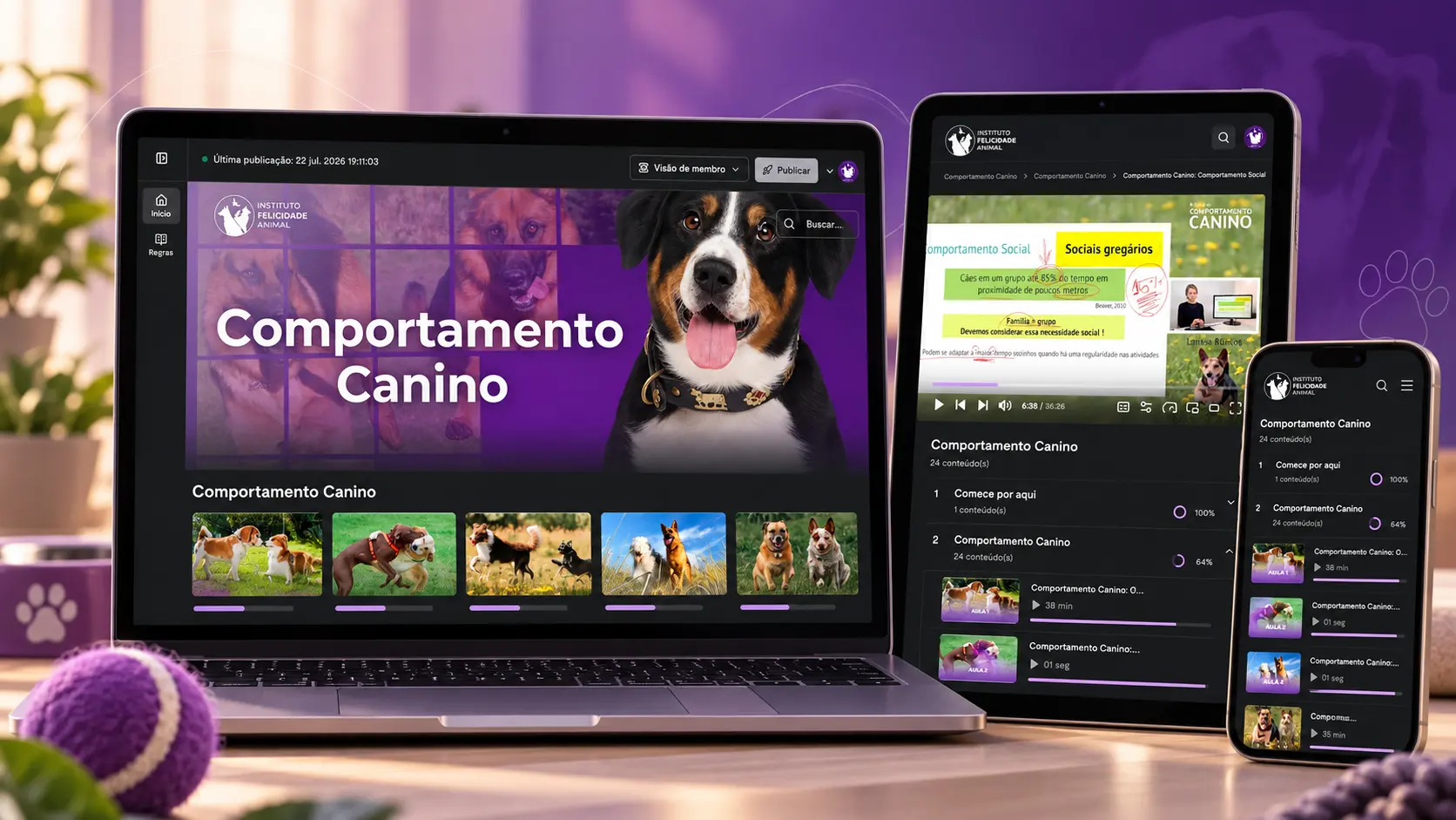 Área de membros do curso Comportamento Canino aberta no notebook, no tablet e no celular