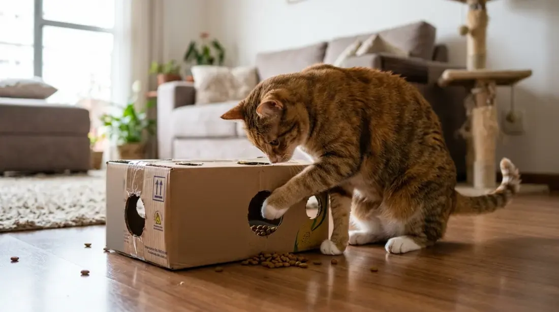 Gato pescando ração com a pata numa caixa de papelão furada, enriquecimento alimentar zero reais