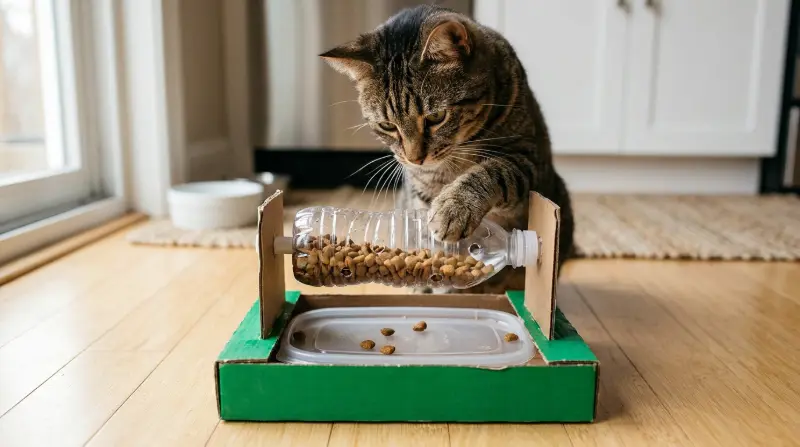 Gato tirando ração com a pata de uma garrafa PET furada, brinquedo de enriquecimento alimentar feito em casa