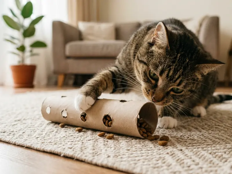 Enriquecimento alimentar caseiro: gato empurrando um rolinho de papel furado cheio de ração