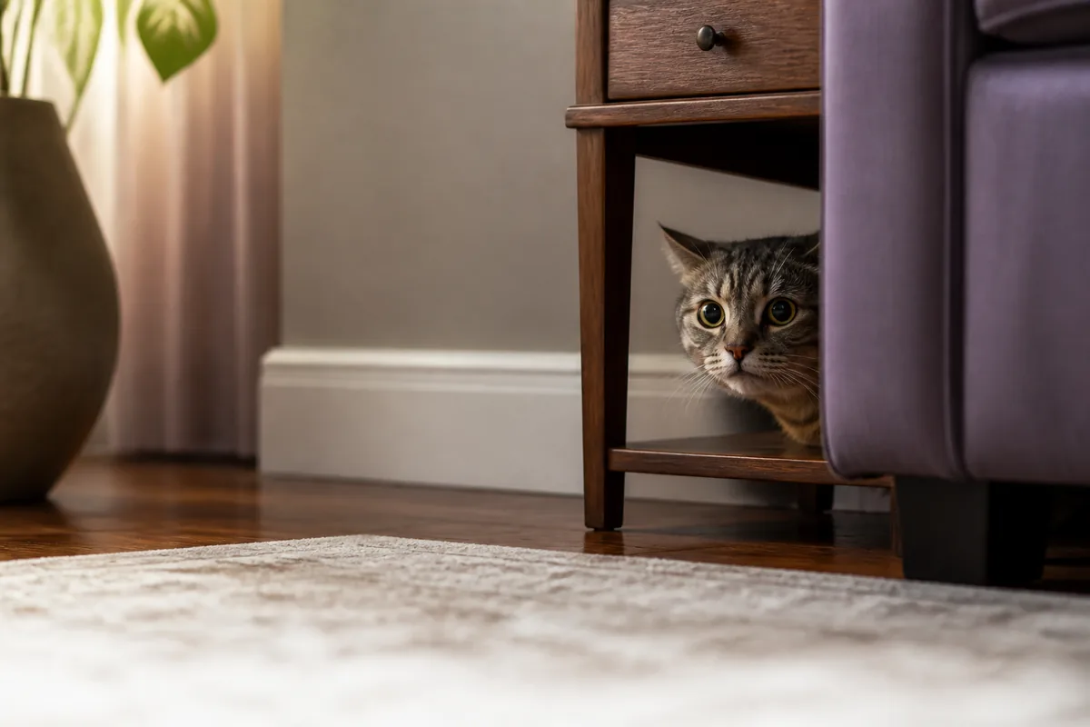 Gato assustado escondido debaixo de um móvel em casa