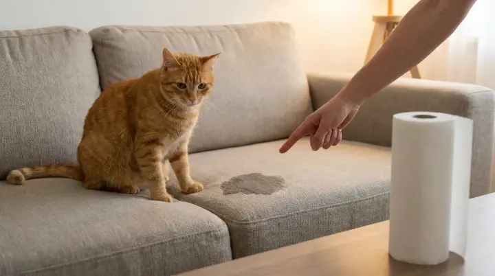Tutora apontando para a mancha de xixi no sofá, com o gato sentado ao lado