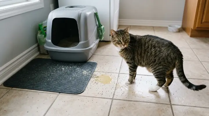 Gato ao lado de uma poça de xixi em frente à caixa de areia fechada